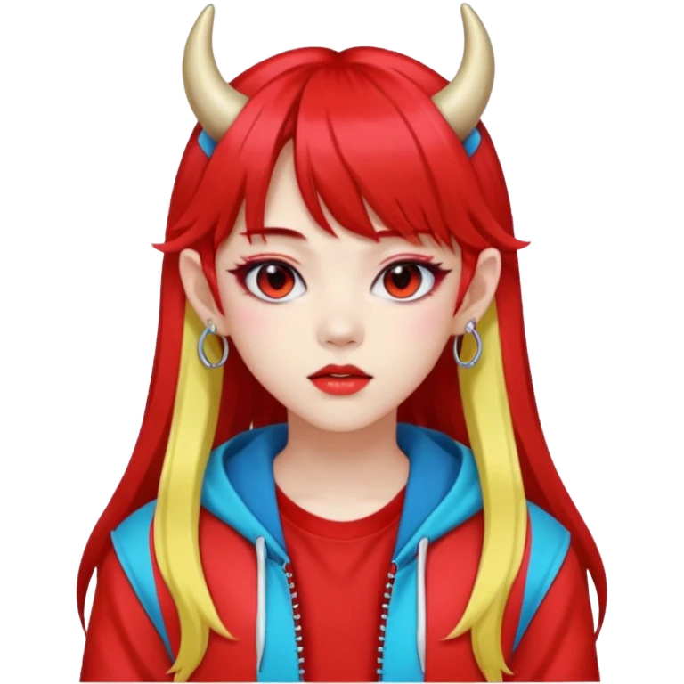  portrait-of-a-red devil-k-pop-idol,-wearing-a-stylish-streetwear-outfit-with-layered-colorful-clothing,-long-hair-with-bangs,-makeup,- emoji