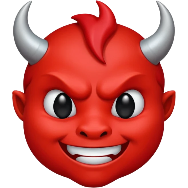 CARTOON STYLE EMOJI of a RED DEVIL FACE with small HORNS pointing up, BLACK EYES, and a MISCHIEVOUS SMILE. The entire face is RED with a smooth glossy texture. BACKGROUND is PURE WHITE, clean and simple. emoji
