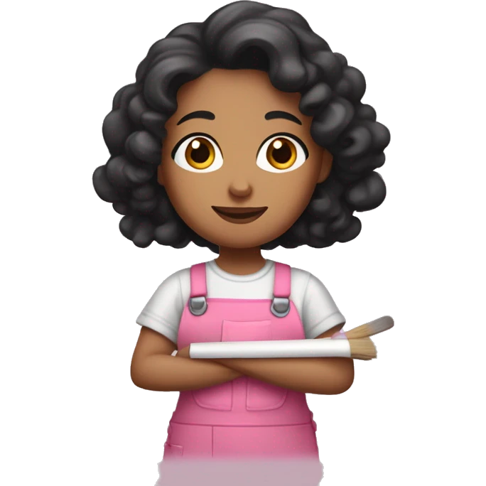 A painter woman with long black curly hair, brown eyes, wearing a pink overall and a paint palette in her hand emoji