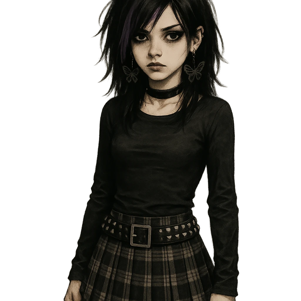 emo girl with plaid skirt, studded belt, butterfly earrings, gothic vibe emoji
