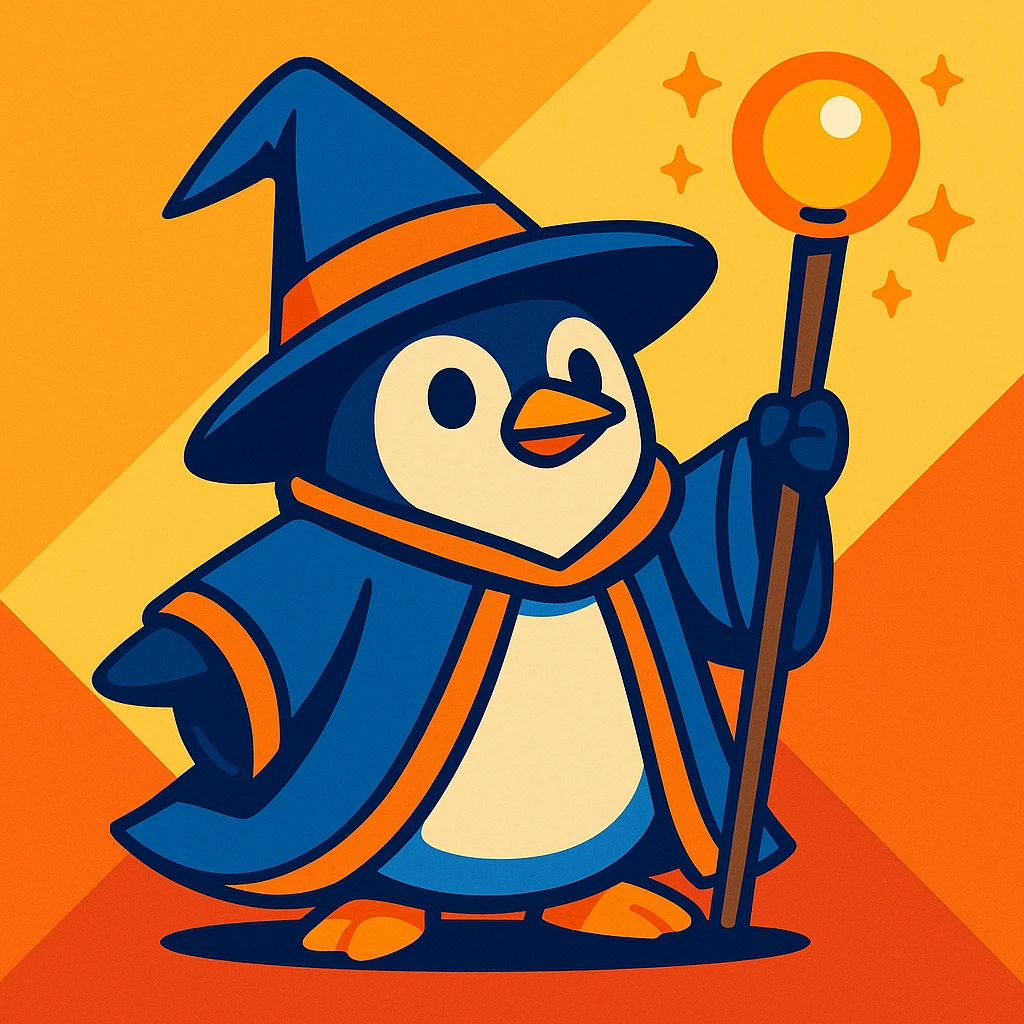 a penguin wizard with a magical staff, wearing a pointed hat, vibrant cartoon style emoji