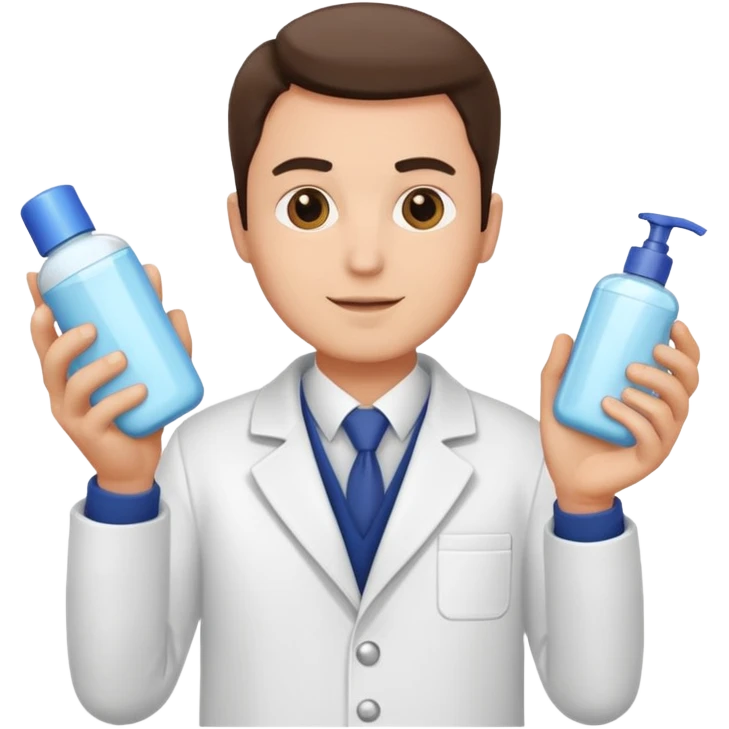 man with white coat holding skincare products emoji