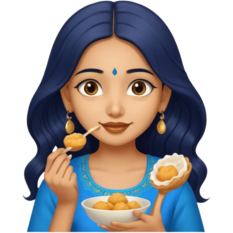 a pretty tan indian bratz girl. eyeliner on, wearing a blue kurti, eating golgappa. NO SPOON. wavy long BLACK coloured hair emoji