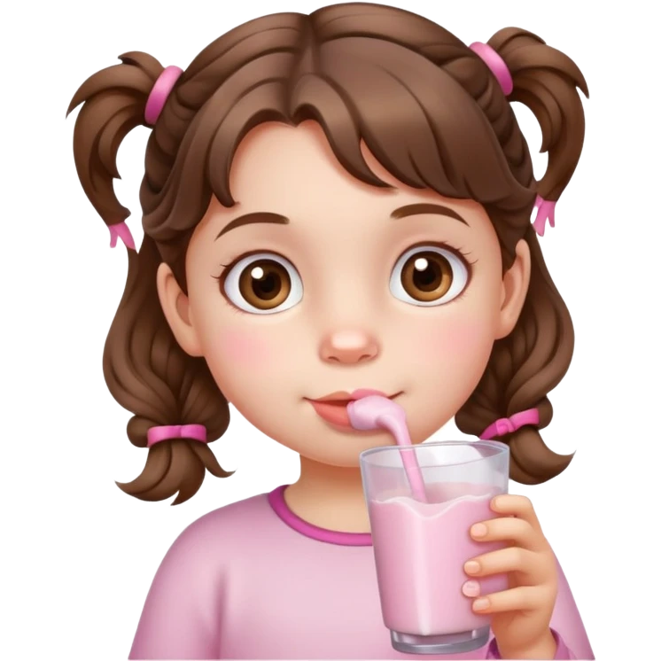 A little girl brown short wavy hair in pig tails with hazel eyes drinking pink milk emoji