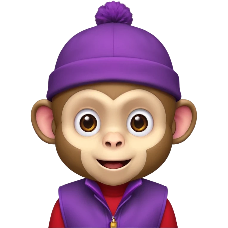 Cute monkey inspired by Abu from Aladdin, big expressive eyes, purple vest, red fez hat, mischievous grin. Emoji-style, bold outlines, bright colors, centered face on transparent background, high quality, vector style. emoji