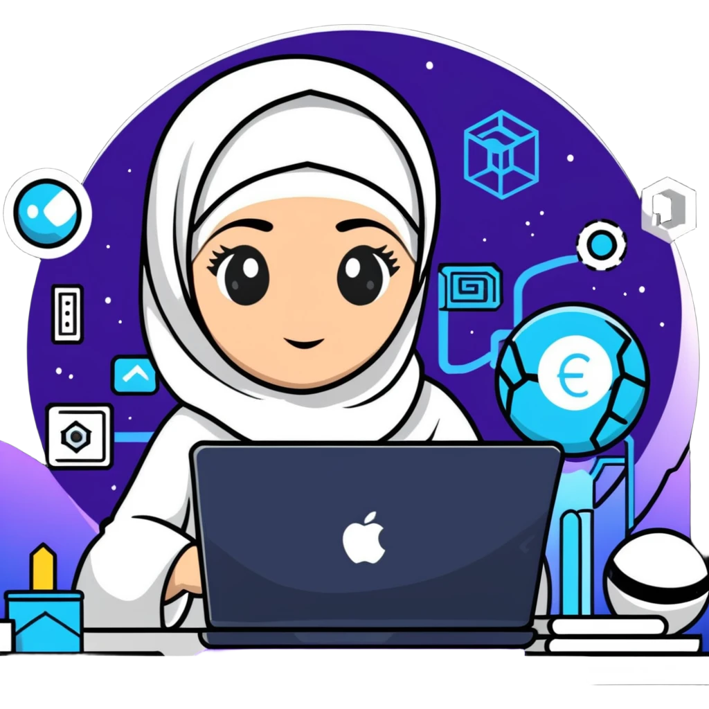 computer engineer with white hijab immersed in augmented reality, surrounded by floating metaverse elements, digital codes, virtual machines, tech graphics emoji
