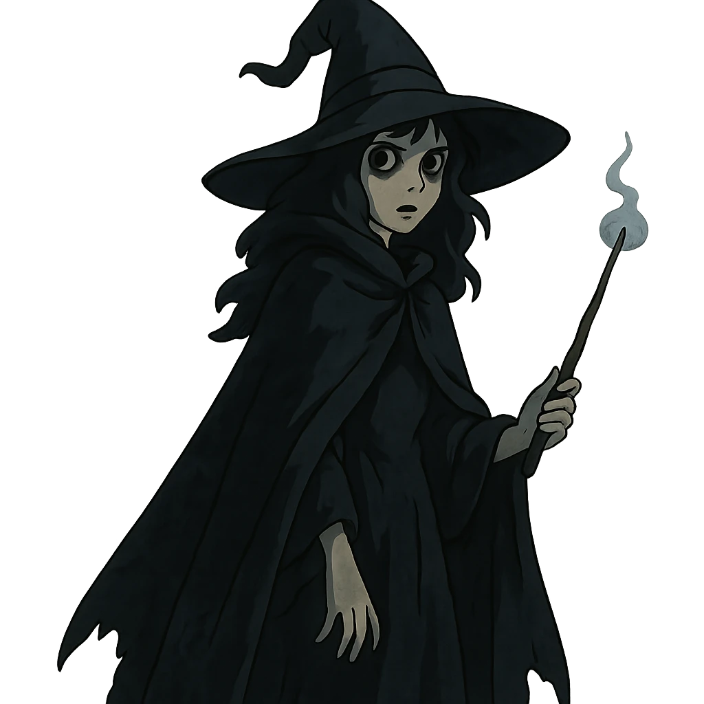 mystical witch with dark colors, cloak, magic wand, slightly spooky, stylized emoji