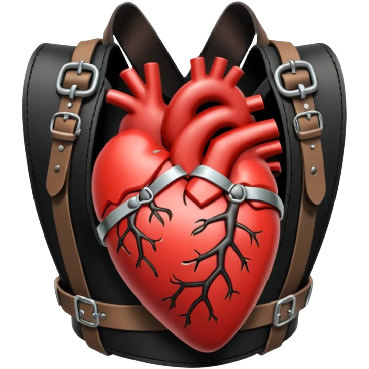 Human heart wrapped in tight leather straps, metal buckles, fetish gothic aesthetic emoji