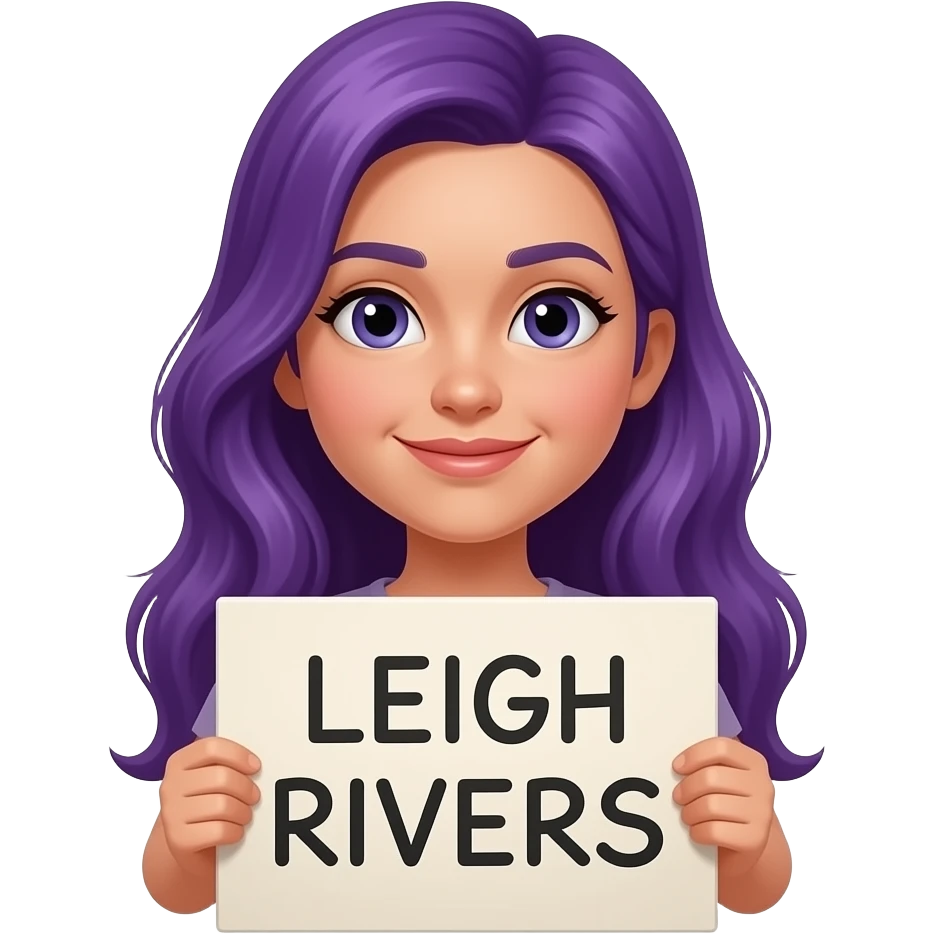 girl with long purple hair with a LEIGH RIVERS sign emoji