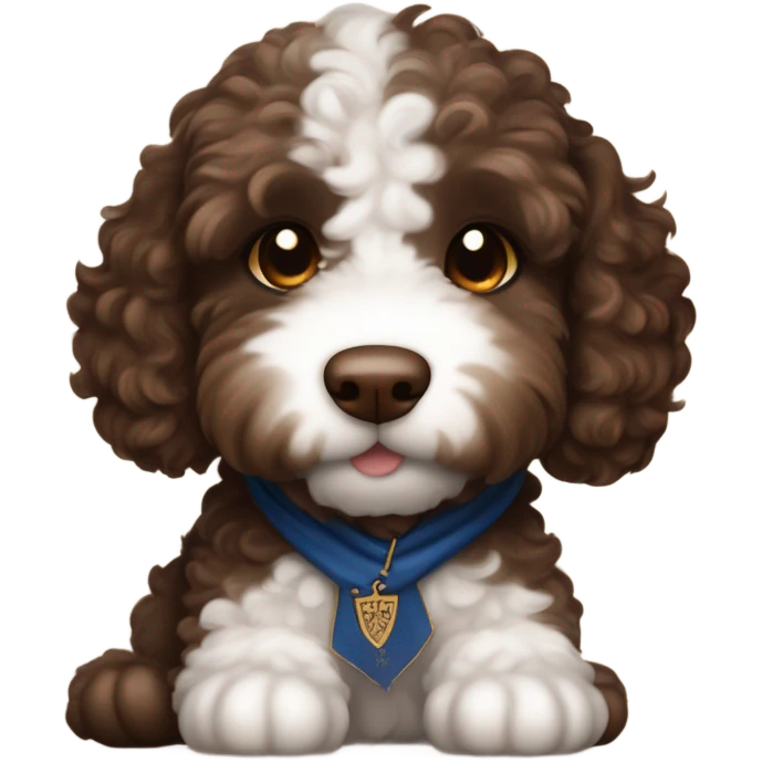 Chocolate brown labradoodle puppy.  Chubby.  white on his chest.  Brown eyes.  Wearing a ravenclaw staff with a wand   emoji