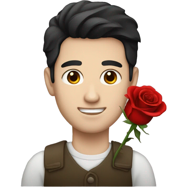 A man with pale skin and black hair holding a red rose emoji