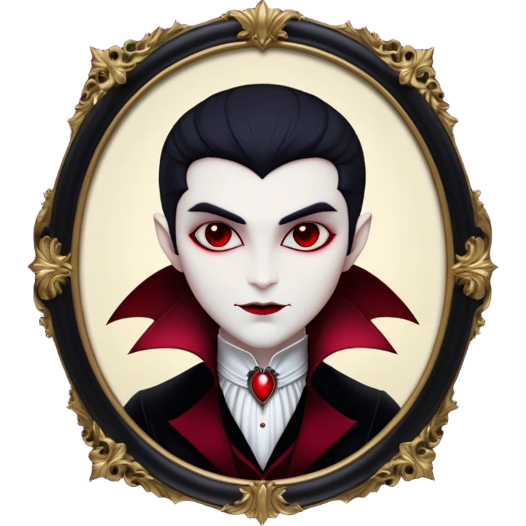 Cinematic Noble Vampire Portrait Emoji, Elegant and commanding, with a refined, pale visage framed by dark, velvet accents and a hint of crimson, exuding timeless seduction and dangerous allure, simplified yet exquisitely detailed, glowing with a soft nocturnal radiance and a subtle, mysterious outline that captures the regal spirit of an immortal lord of the night! emoji