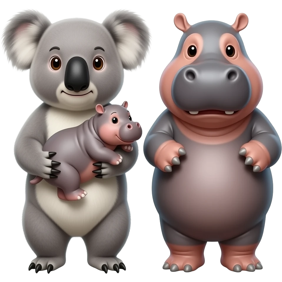 Koala and hippo holding baby hippo Together in both of their arms realistic emoji emoji