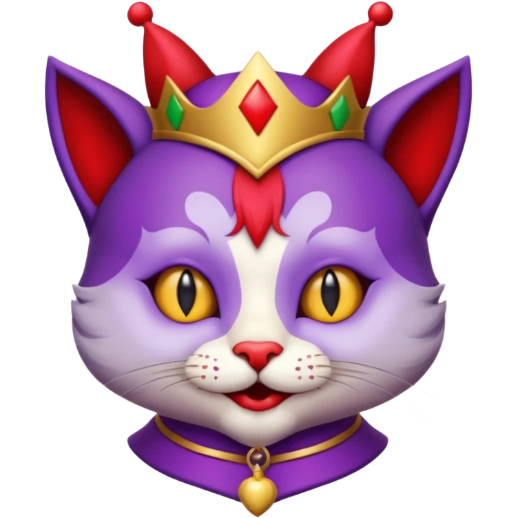crazy colorful cute little cat jolly joker from poker, medieval, vintage, court jester, mac os icon, purple and red color, gold inserts, half body emoji