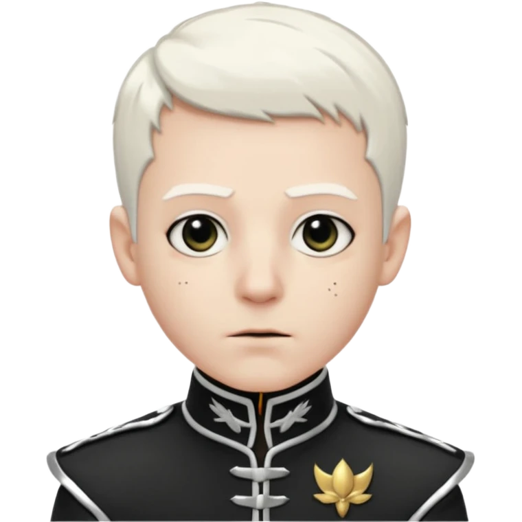 Head and shoulders emoji of a pale man with short white hair, wearing a black marching band jacket with silver trim. black eyeliner. Expression stoic, commanding, and theatrical, heroic emo style emoji