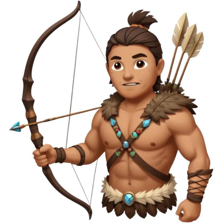 The classic middle-aged hunter with a bow and arrow on his back, dressed in brown with decorations made of feathers or bone teeth emoji