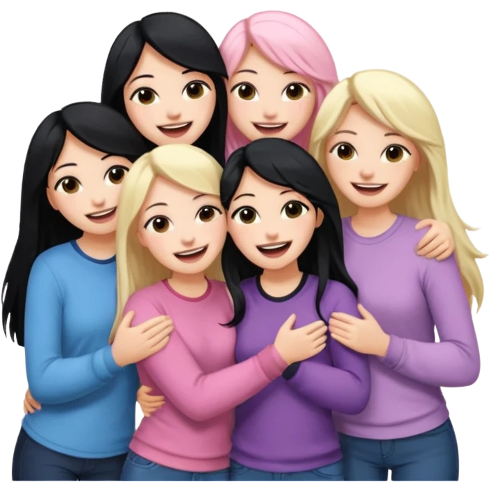 Girlfriend emoji - 5 white girlfriends, two with long dark black hair, one with medium blonde hair, one with long pale pink hair, one with short light blonde hair.  They should be laughing and hugging  emoji