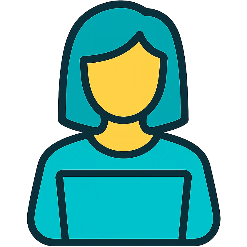 Icon style illustration of a teal woman at a laptop, minimal design, with a slightly larger head, matching the reference image. emoji