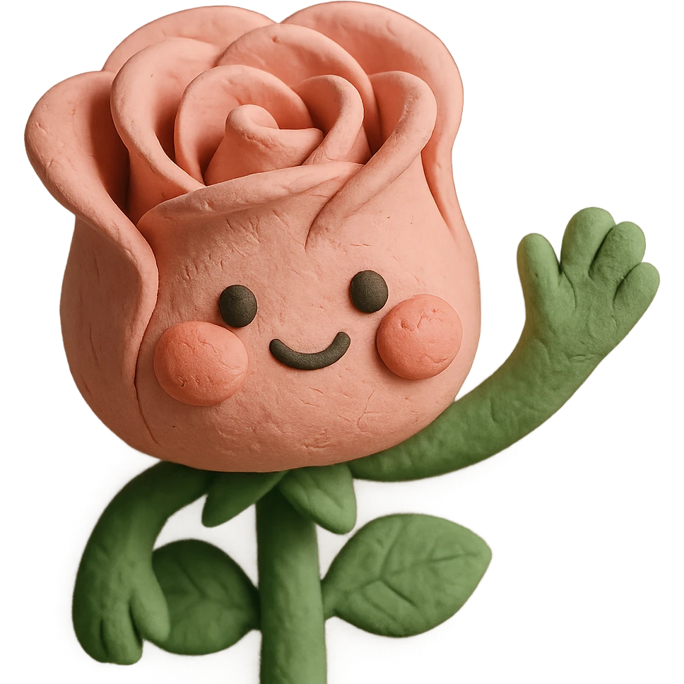 sweet claymation rose character, waving, soft pastel pink petals, super cute puffed cheeks, cartoon style, visible clay texture emoji
