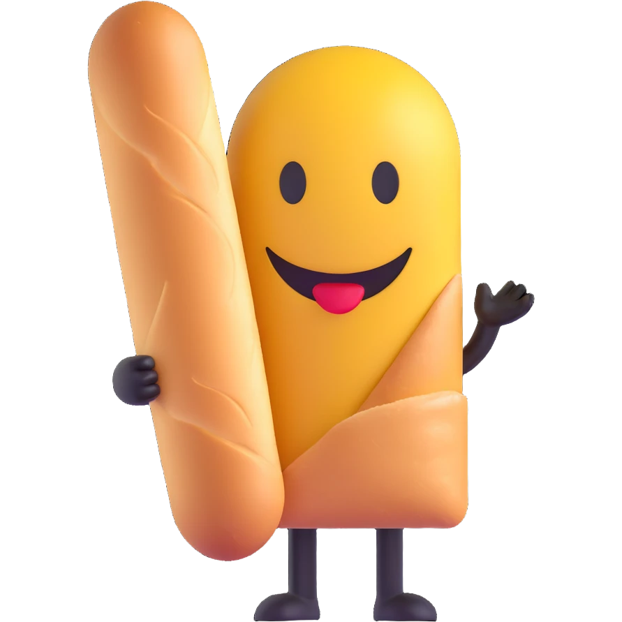 smiley face with baguette, 3D emoji style, no background, for a French memecoin Discord server French Cabal emoji