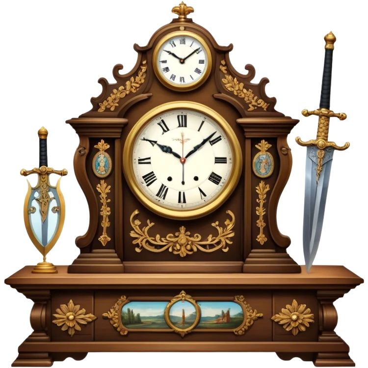 Icon for Antiques Collecting: a vintage clock, intricately carved furniture, famous paintings, antique swords, and rifles. The items are displayed on a wooden table or shelf. The icon should evoke the rich history and craftsmanship of antique collecting. Transparent background. emoji