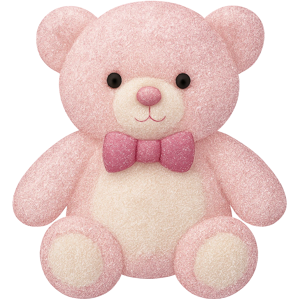 Add a touch of glitter to the teddy bear and its bow tie, keeping the pink and white fur, flat lighting, no shadows or background, soft plush look, maintain transparency. The style should reflect a soft plush teddy bear with pink and white fur and a glittery bow tie, with flat lighting and no shadows or background. emoji