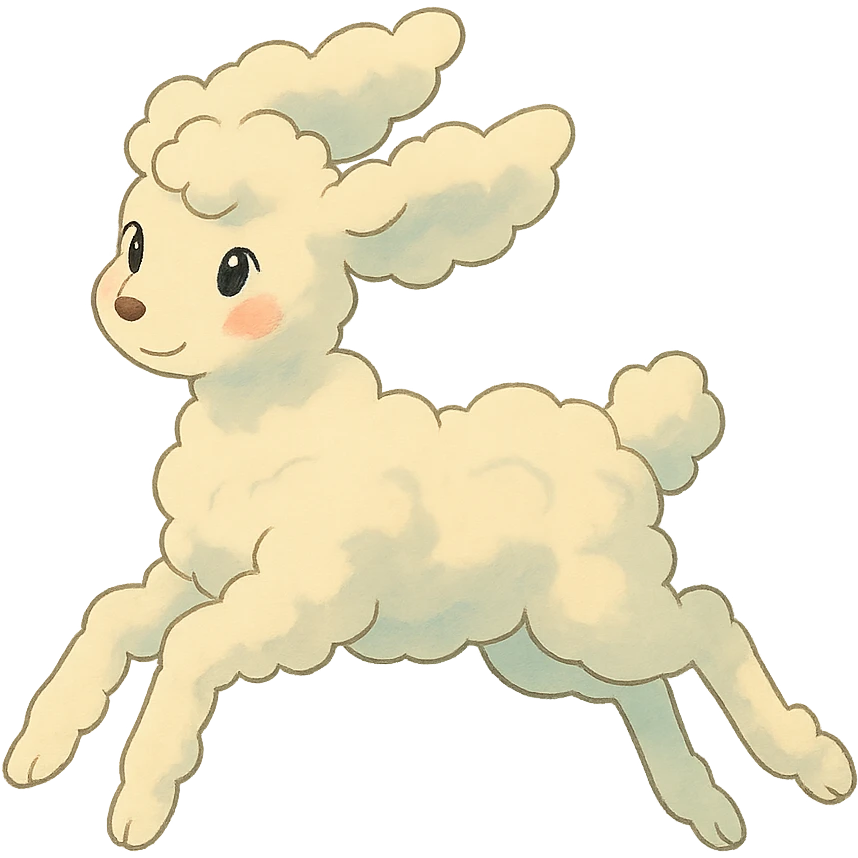 vanilla cloud doe with rosy cheeks, floating with witch grace, ghibli style emoji