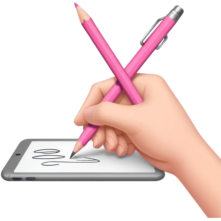 The hand writes with a pink pencil emoji