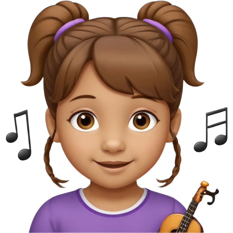 Niña de 4 años con ojos marrones claros, pelo castaño claro con dos moños altos y pelitos sueltos a modo de flequillo, nariz chata y risueña. Con nota musical emoji