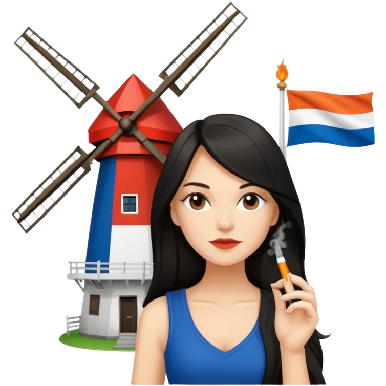 Windmill with on top ot the building a dutch flag and a white girl with dark long hair smoking a joint emoji
