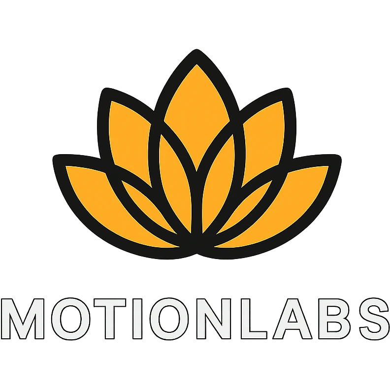 ultra luxury logo for MotionLabs with a stylized lotus icon, colors #ffa31a, #808080, #292929, #1b1b1b, #ffffff, dark background emoji