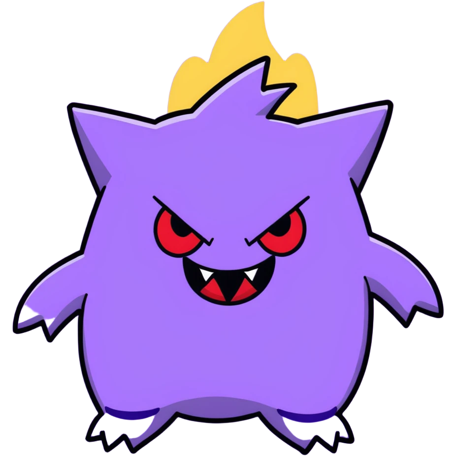 Gengar, the purple ghost Pokemon with red eyes and a mischievous grin emoji