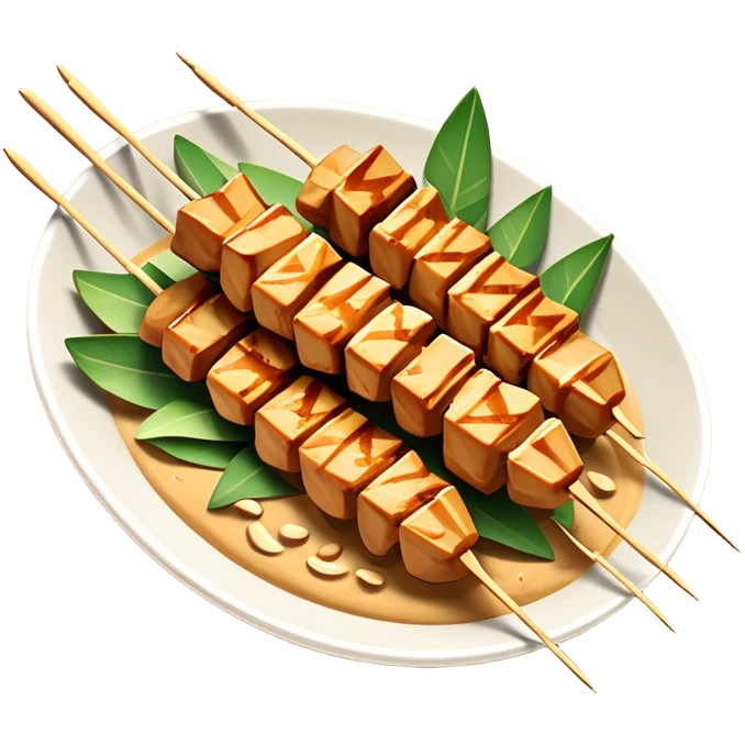 Cinematic Realistic Indonesian Chicken Satay Dish Emoji, depicted as succulent, marinated chicken skewers grilled to perfection with a subtle char, drizzled generously with a rich, creamy peanut sauce that glistens under warm, natural lighting. The vibrant textures of the tender meat and smooth, spicy sauce evoke the authentic flavors of Indonesian street food, rendered with lifelike detail and dynamic, appetizing lighting. emoji