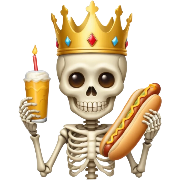 A cute skeleton wearing crown and holding hot dog emoji