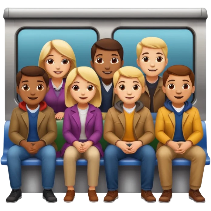 group of five cheerful people, men and women, standing and sitting close together in a subway car like Apple emoji subway, Apple emoji style emoji