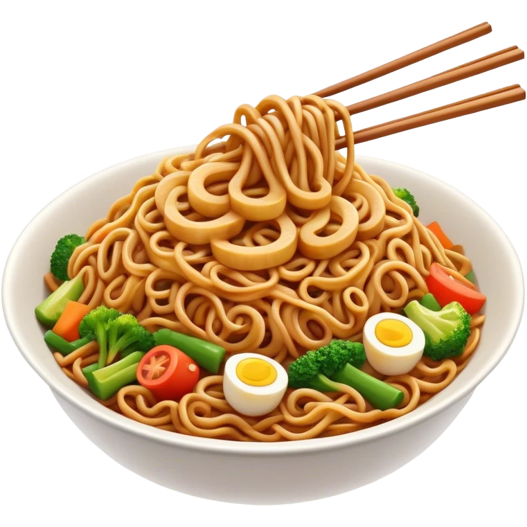 Cinematic Realistic Mie Goreng Dish Emoji, featuring stir‚Äêfried noodles with vegetables and meat rendered with dynamic textures and warm, appetizing lighting. emoji