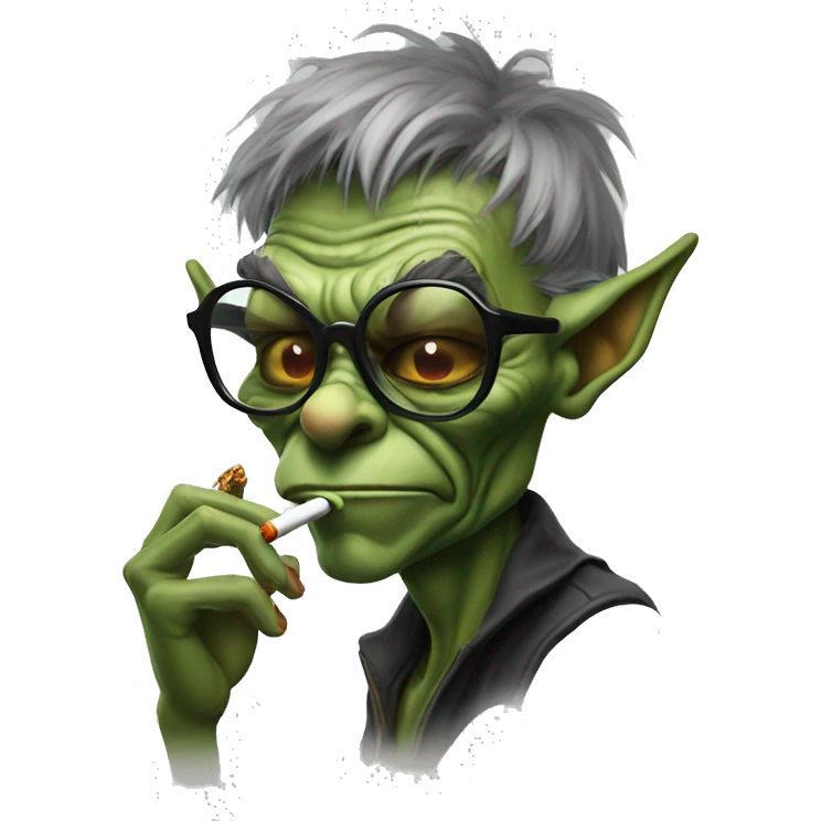 GREEN FACED GOBLIN SMOKEING CIGARETTE WITH COOL GLASSES ON  emoji