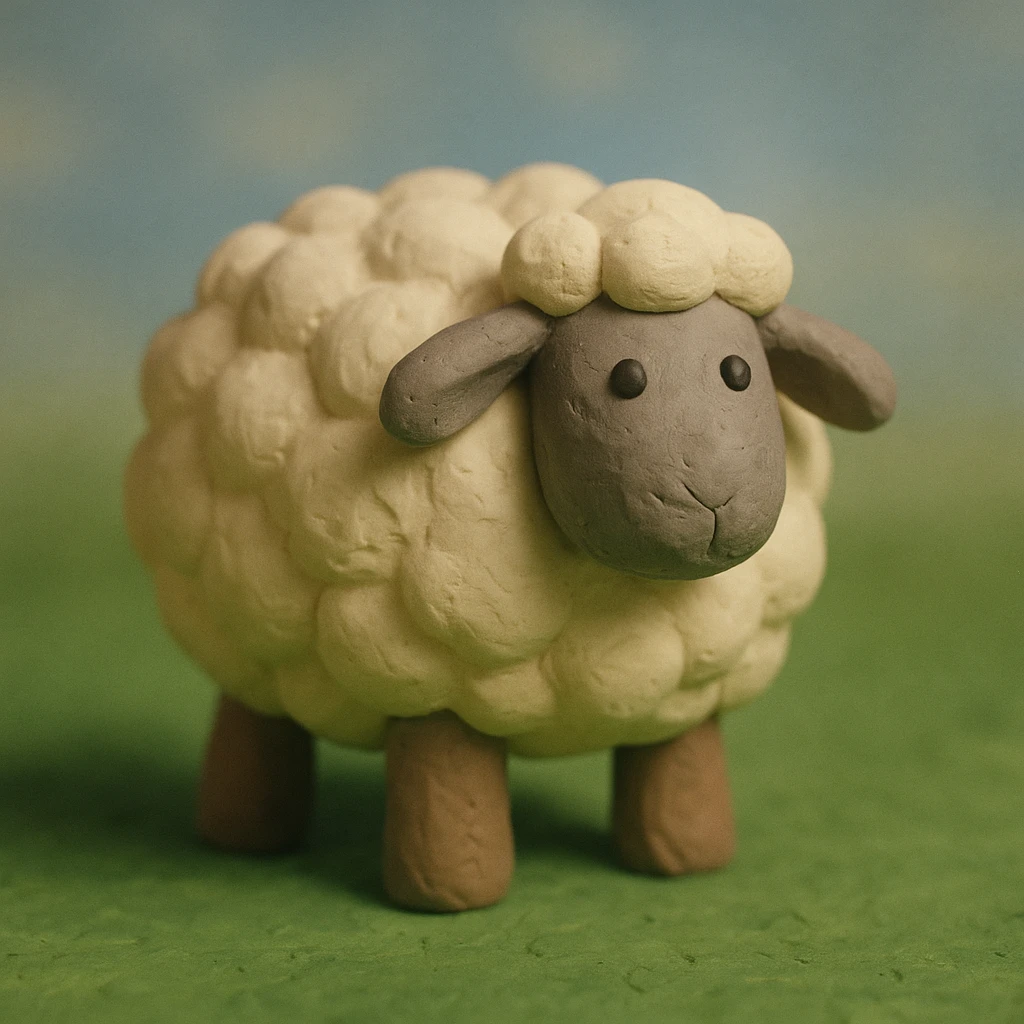 fluffy sheep standing on green grass, visible fingerprints, matte plasticine look, claymation style emoji