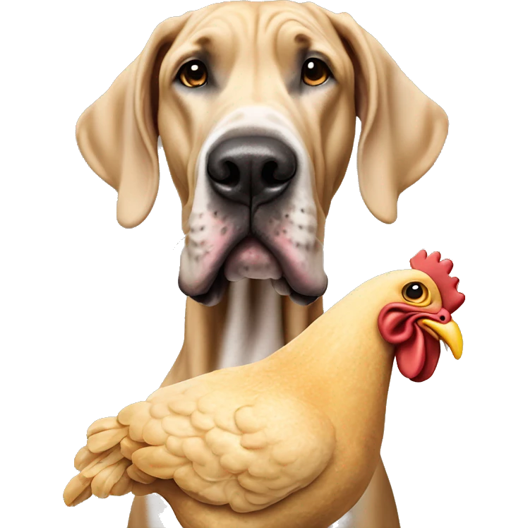 Hyper realistic tan Great Dane smiling with a stuffed chicken toy emoji