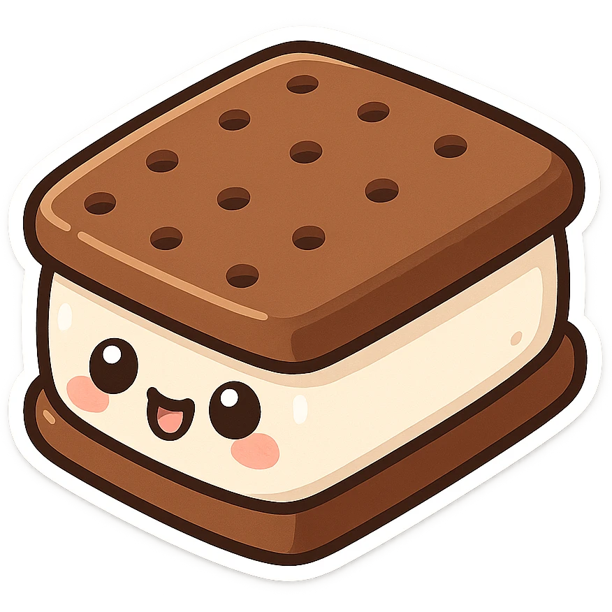 chibi sticker-style ice cream sandwich, cute and exaggerated emoji