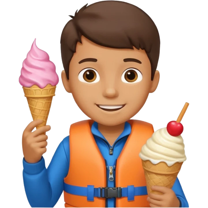 boy kid wearing lifejacket, holding ice cream emoji