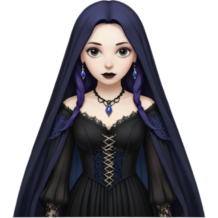 Lena Lovich as a gothic sorceress in huge dirty lace emoji