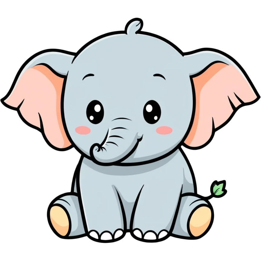 Adorable chubby baby elephant, joyful expression, illustration. Die cut vector, clean smooth lines, highly detailed, 4k hd quailty, professional quailty, transparent background, 2800x2800 pixels, 300 dpi emoji