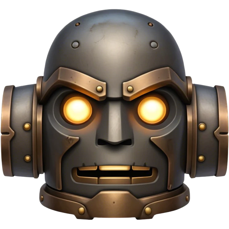 Cinematic Noble Mighty Iron Golem Portrait Emoji Poised and imposing, with a towering, metallic form forged from intricately detailed plates of burnished steel and ancient bronze, etched with faint traces of runes and weathered marks of time. Its piercing, glowing eyes radiate unwavering resolve, casting a solemn and commanding presence; rendered with lifelike texture and natural metallic highlights, high shine, elegant yet indomitable, styled with an aura of legendary endurance, focused and resolute, soft glowing outline, capturing the essence of an eternal guardian, standing vigilant and immovable as if ready to awaken at any moment with unstoppable might! emoji