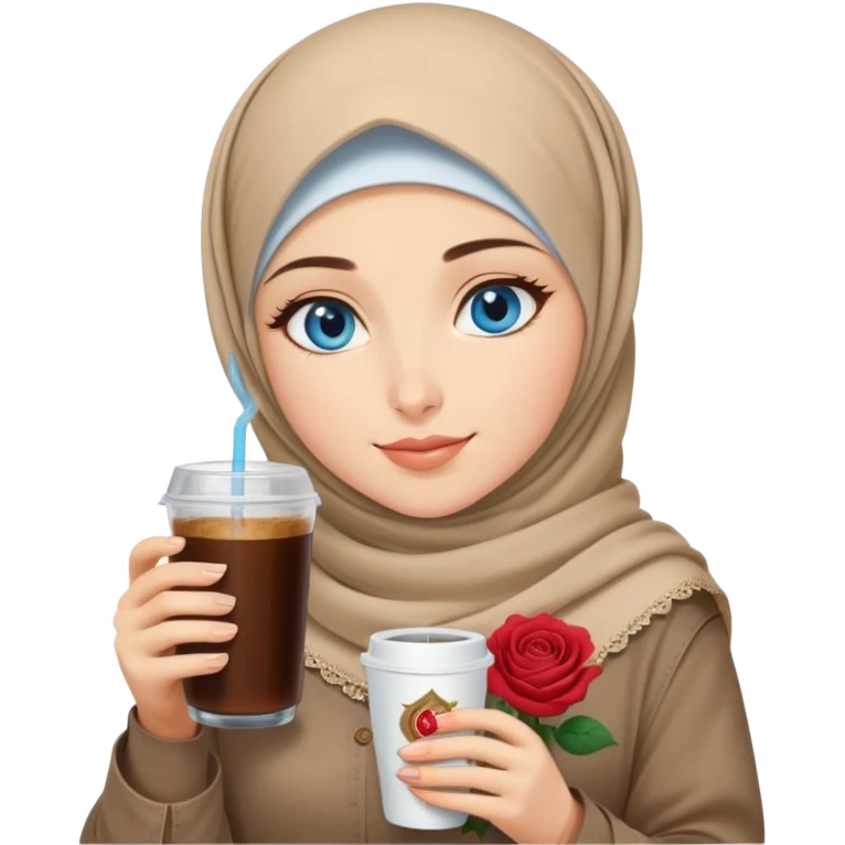 Turkish beautiful finish Konya girl blue eyes with beige denim hijab islamic dress and had on her hand Rose Cold brew coffee   emoji