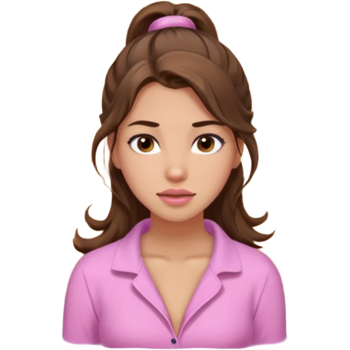 girl with wavy long ponytail brown hair, brown eyes, light to medium complexion, long lashes, light pink lipstick, wearing light pink shirt, in a hot sauna emoji