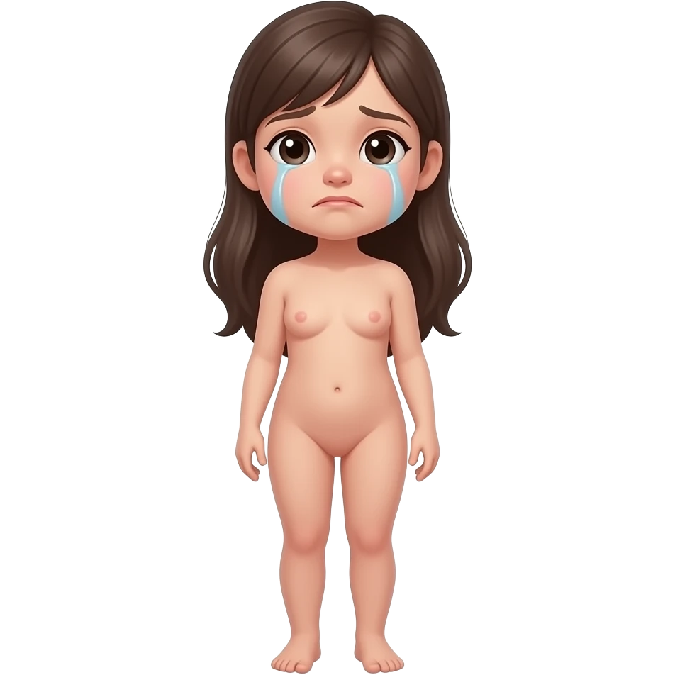 Full body, small little nude girl, flat chest, crying thin hips and ass, thin pussy, middle age 30 long hair long legs emoji