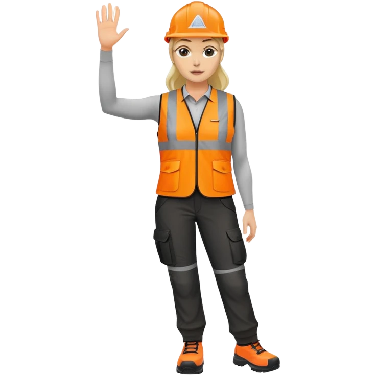 female, orange, hi-vis vest, dark trousers, no helmet, shoes, hand raised emoji