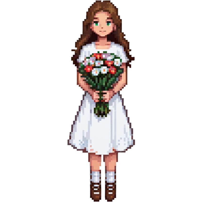 girl with brown hair wearing a white skirt holding a bouquet of flowers emoji