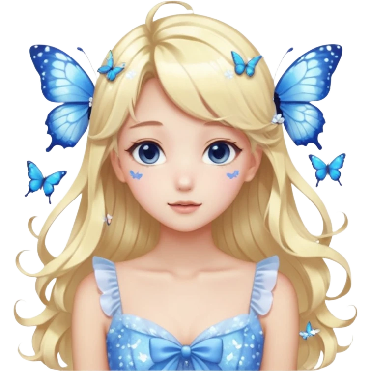 gorgeous shiny blushing pastel core glittery sparkly anime lady with butterflies and beautiful hair fairycore high quality detailed vogue trending aesthetic, blonde hair, blue and white dress emoji